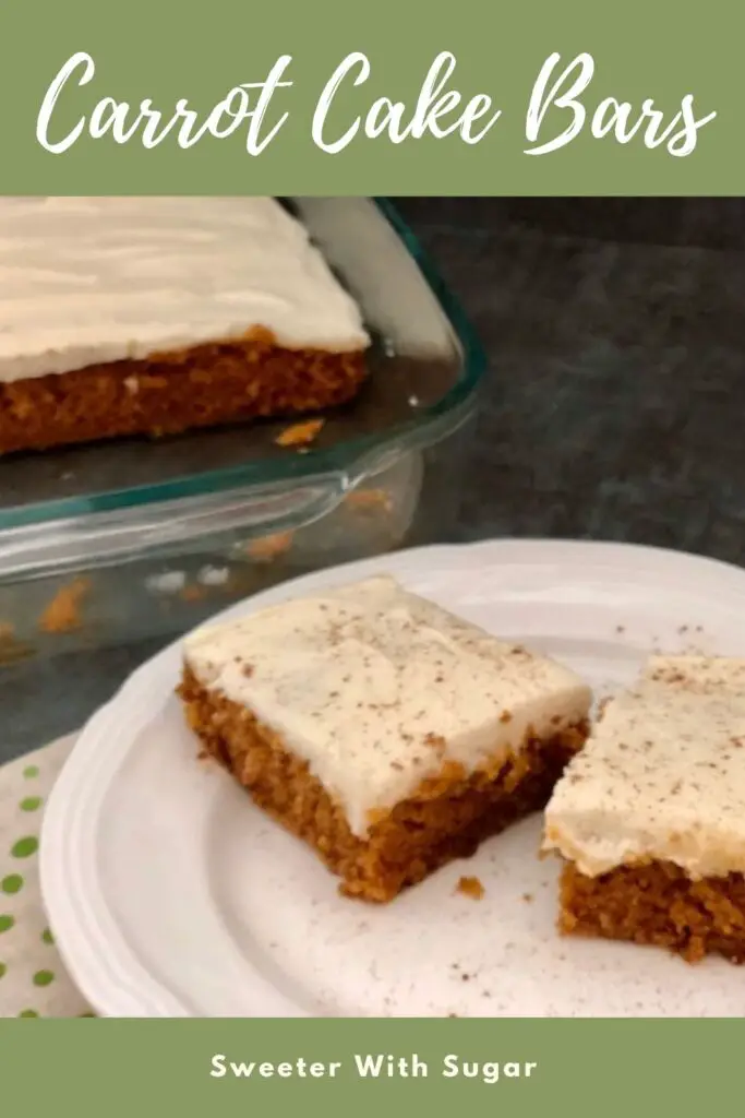 Carrot Cake Bars are an easy dessert recipe. The cake is moist and the cream cheese frosting is creamy and delicious! #CarrotCake #DessertBars #CreamCheeseFrosting #Cake 