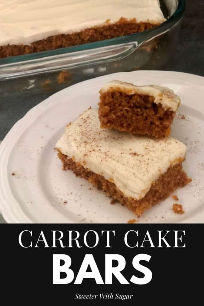 Carrot Cake Bars are an easy dessert recipe. The cake is moist and the cream cheese frosting is creamy and delicious! #CarrotCake #DessertBars #CreamCheeseFrosting #Cake 