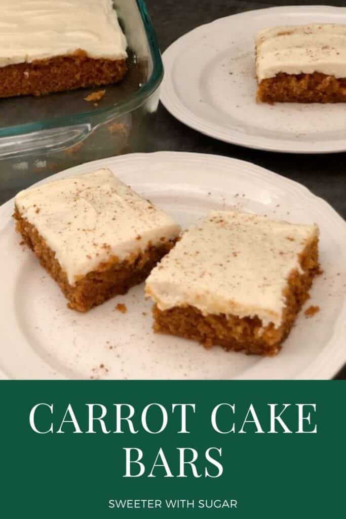 Carrot Cake Bars are an easy dessert recipe. The cake is moist and the cream cheese frosting is creamy and delicious! #CarrotCake #DessertBars #CreamCheeseFrosting #Cake 