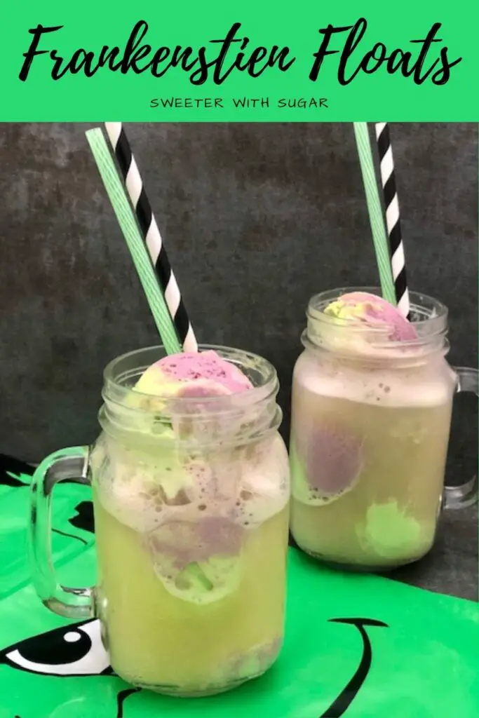Frankenstein Floats are a fun and yummy Halloween treat. Frankenstein Floats are perfect for Halloween parties. The kids will love these ice cream floats. #IceCream #Floats #Halloween #Frankenstein #PartyIdeas