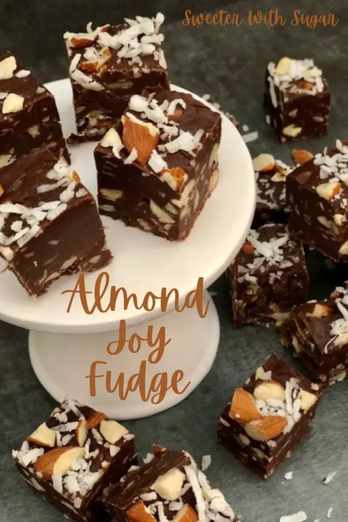 Almond Joy Fudge is an easy microwave fudge recipe you can make quickly. It requires only five ingredients and it tastes fantastic. This fudge is a great dessert or snack and is a great gift idea, too. #Holiday #CandyRecipes #Fudge #AlmondJoy #Christmas #ValentinesDay #MicrowaveRecipes 
