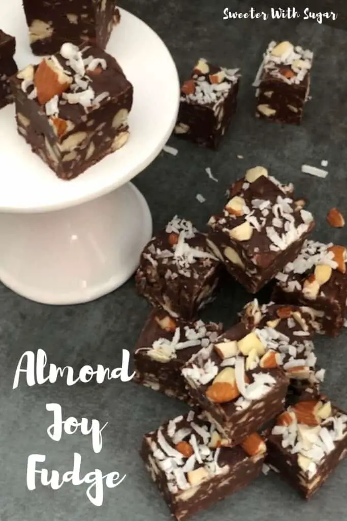 Almond Joy Fudge is an easy microwave fudge recipe you can make quickly. It requires only five ingredients and it tastes fantastic. This fudge is a great dessert or snack and is a great gift idea, too. #Holiday #CandyRecipes #Fudge #AlmondJoy #Christmas #ValentinesDay #MicrowaveRecipes 