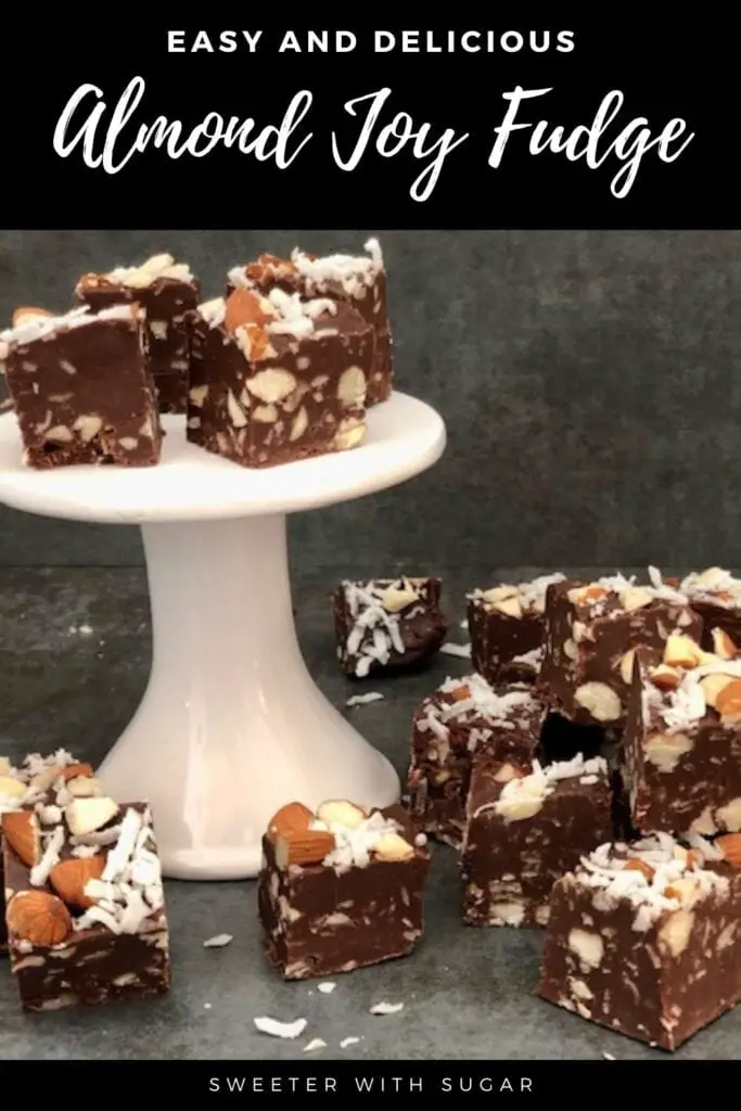 Almond Joy Fudge is an easy microwave fudge recipe you can make quickly. It requires only five ingredients and it tastes fantastic. This fudge is a great dessert or snack and is a great gift idea, too. #Holiday #CandyRecipes #Fudge #AlmondJoy #Christmas #ValentinesDay #MicrowaveRecipes 