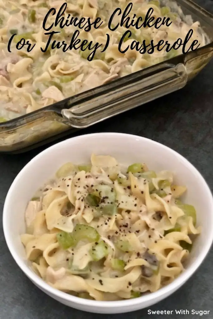 Chinese Chicken Casserole is an easy weeknight dinner recipe. This recipe also works great with turkey-a great way to use your leftover Thanksgiving turkey. #Turkey #Chicken #ThanksgivingLeftoverIdeas #Casseroles #ComfortFood