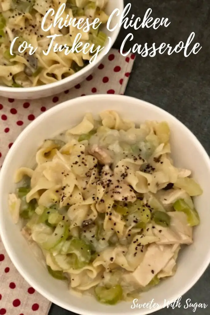 Chinese Chicken Casserole is an easy weeknight dinner recipe. This recipe also works great with turkey-a great way to use your leftover Thanksgiving turkey. #Turkey #Chicken #ThanksgivingLeftoverIdeas #Casseroles #ComfortFood