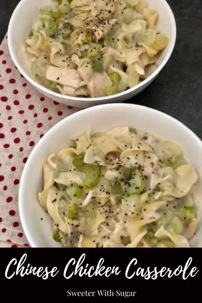 Chinese Chicken Casserole is an easy weeknight dinner recipe. This recipe also works great with turkey-a great way to use your leftover Thanksgiving turkey. #Turkey #Chicken #ThanksgivingLeftoverIdeas #Casseroles #ComfortFood