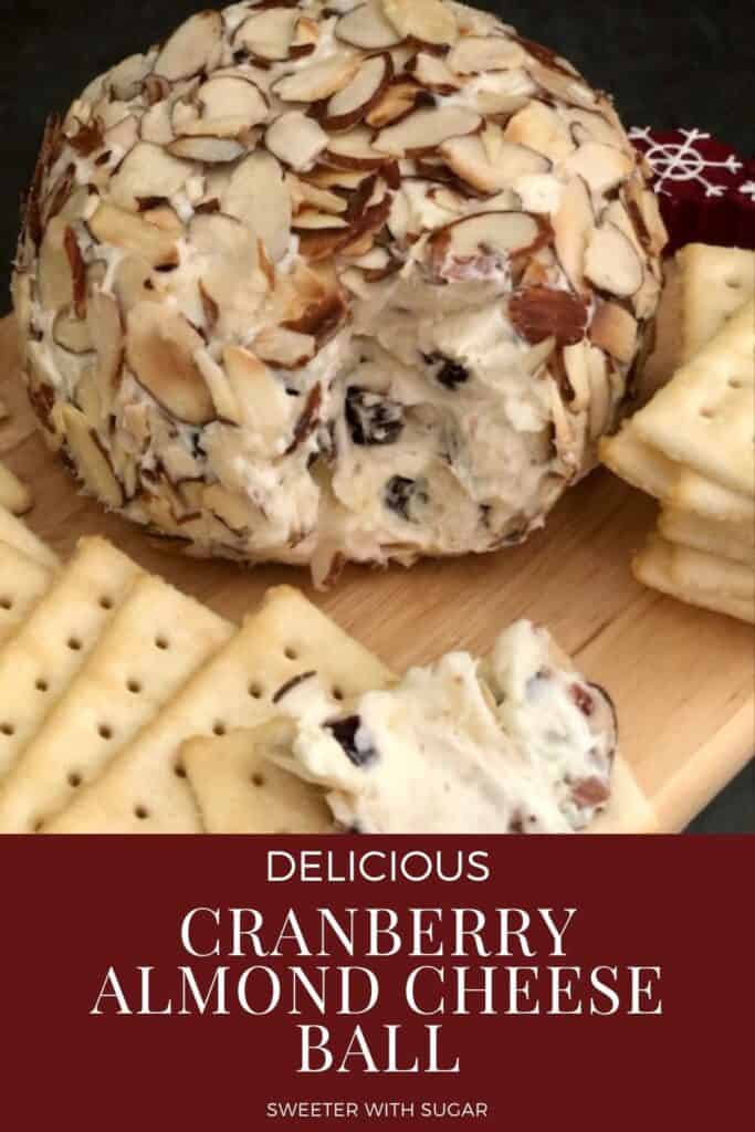 Cranberry Almond Cheese Ball is easy to make. It is a sweet and creamy snack or appetizer. It is perfect for holiday parties. This cheese ball tastes great on Club Crackers. #Cranberry #Holidays #CheeseBall #CreamCheese