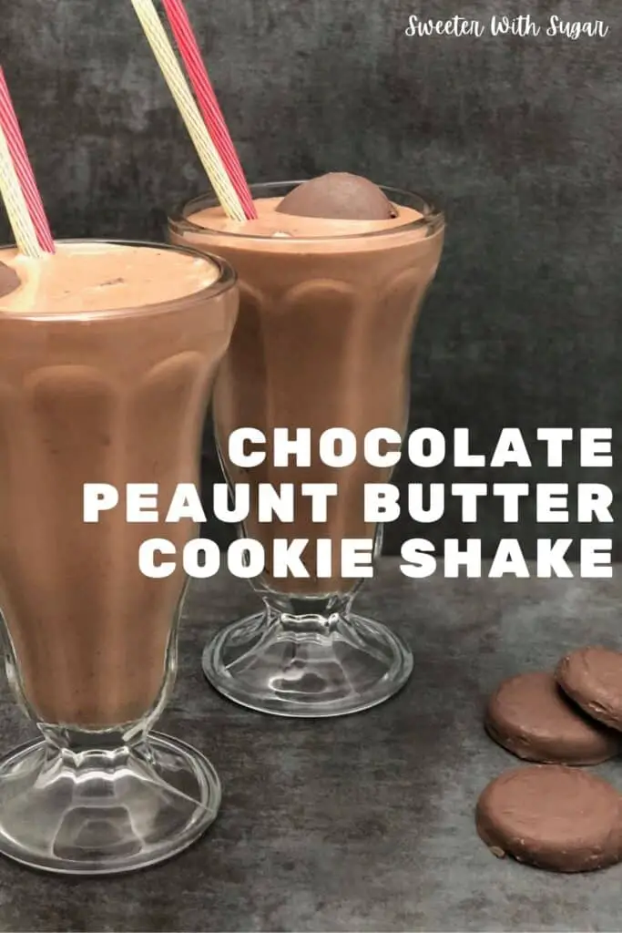 Chocolate Peanut Butter Cookie Shake recipe uses chocolate ice cream and Girl Scout cookies-Tag-a-Longs. It is simple to make and a yummy treat for anyone that loves chocolate and peanut butter. #TagALongs #GirlScoutCookies #Shakes #IceCream #DessertRecipes #Beverages #Chocolate #PeanutButter #Cookies #MilkShakeRecipe