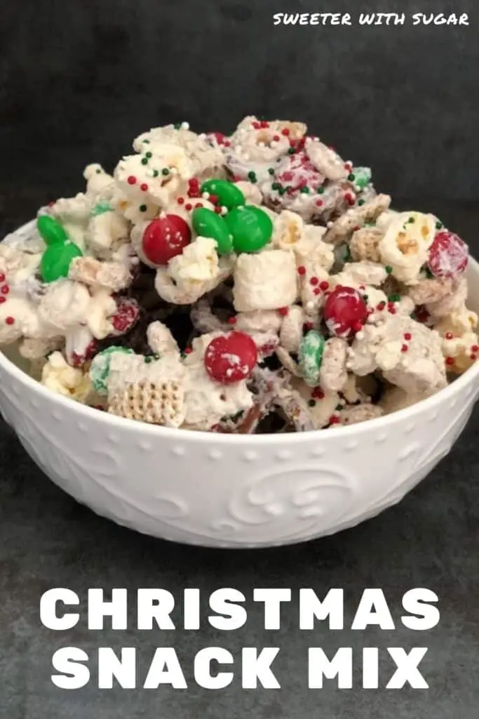 Christmas Snack Mix is a fun and yummy treat for the holidays. It is quick and easy to make, too. #SnackMix #Holidays #Christmas #ChexMix #Desserts #SweetChexMix 