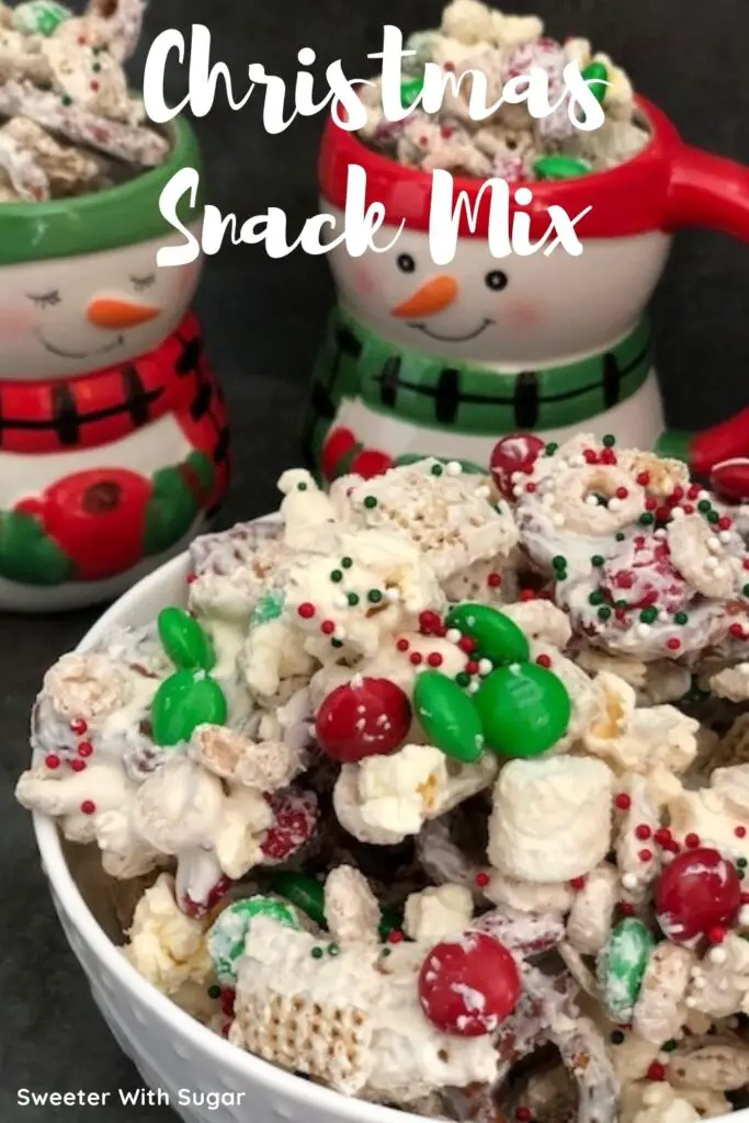 Christmas Snack Mix is a fun and yummy treat for the holidays. It is quick and easy to make, too. #SnackMix #Holidays #Christmas #ChexMix #Desserts #SweetChexMix 