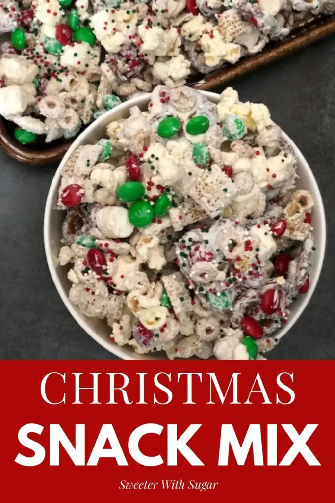 Christmas Snack Mix is a fun and yummy treat for the holidays. It is quick and easy to make, too. #SnackMix #Holidays #Christmas #ChexMix #Desserts #SweetChexMix 