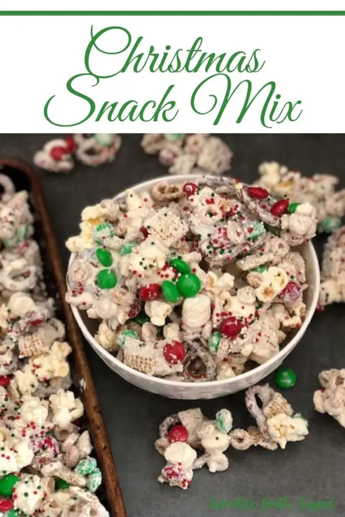 Christmas Snack Mix is a fun and yummy treat for the holidays. It is quick and easy to make, too. #SnackMix #Holidays #Christmas #ChexMix #Desserts #SweetChexMix 