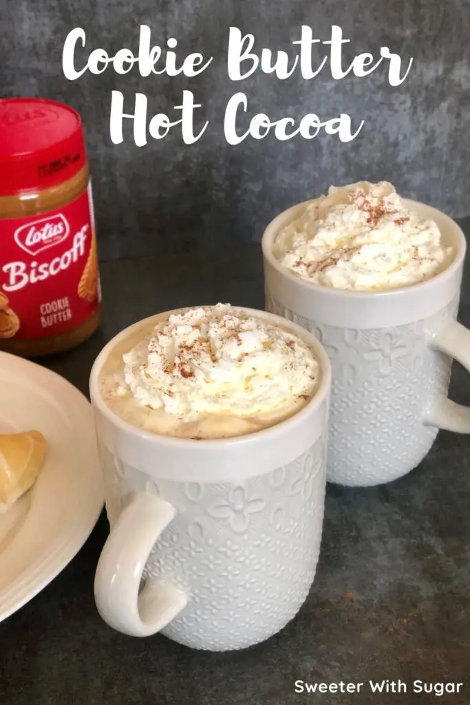 Cookie Butter Hot Cocoa is a sweet and creamy winter beverage recipe with the yummy taste of Biscoff Cookie Butter. #HotCocoa #HotChocolate #WinterBeverages #StephensGourmetHotCocoa #BiscoffCookieButter #HolidayRecipes #Beverages #WhiteChocolate