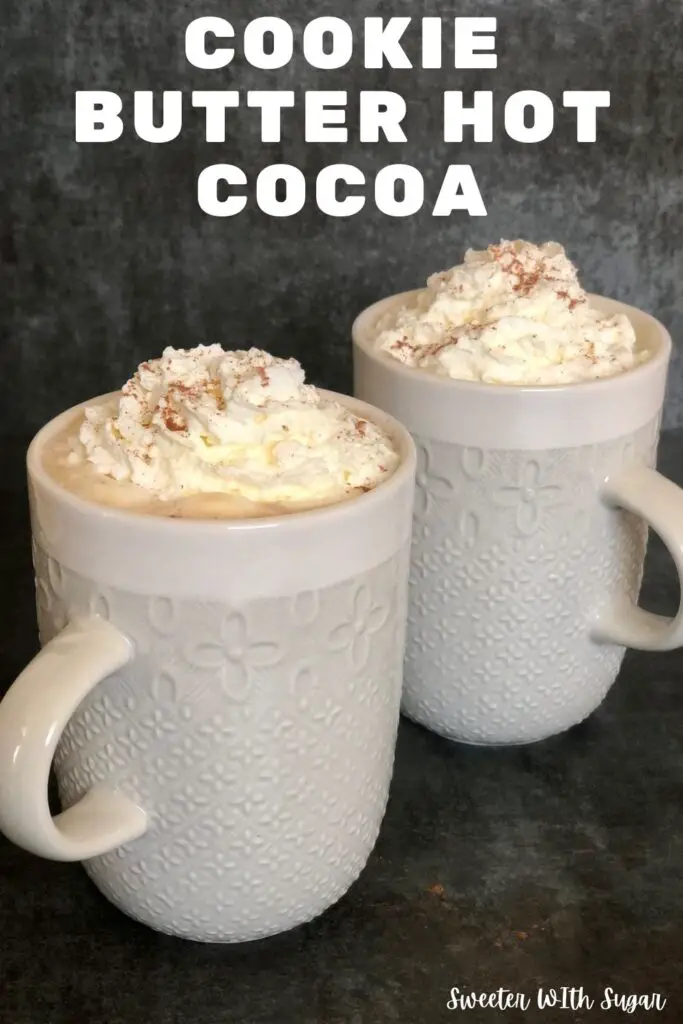 Cookie Butter Hot Cocoa is a sweet and creamy winter beverage recipe with the yummy taste of Biscoff Cookie Butter. #HotCocoa #HotChocolate #WinterBeverages #StephensGourmetHotCocoa #BiscoffCookieButter #HolidayRecipes #Beverages #WhiteChocolate