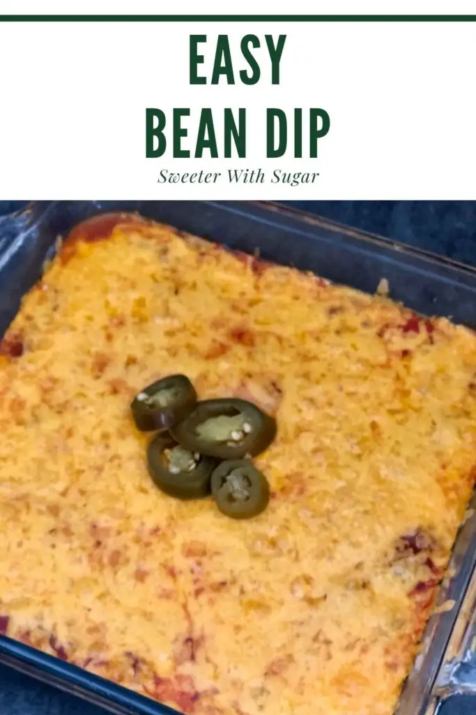 Easy Bean Dip is a quick and easy dip recipe that is perfect for parties or snacks. It is filled with yummy ingredients like, beans, green chilies,  salsa, sour cream and cheese. #BeanDip #MexicanRecipes #Snacks #Appetizers #PartyFood #NewYearsEve #DipRecipes