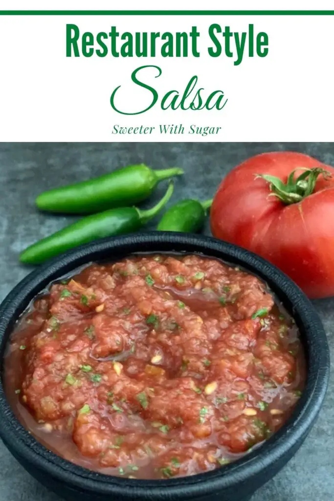 Restaurant Style Salsa is an easy recipe that tastes fantastic. It is full of vegetables-which you just blend in a blender.  #EasyAppetizers #EasySalsaRecipe #HealthySalsa #HealthySnacks #GardenRecipes #CopycatRecipes