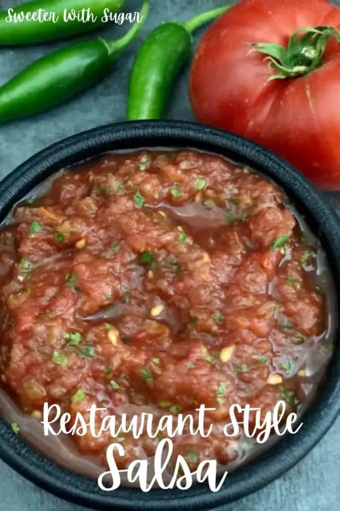 Restaurant Style Salsa is an easy recipe that tastes fantastic. It is full of vegetables-which you just blend in a blender.  #EasyAppetizers #EasySalsaRecipe #HealthySalsa #HealthySnacks #GardenRecipes #CopycatRecipes