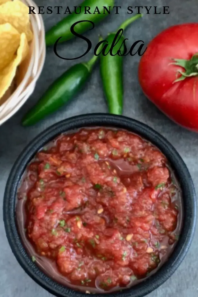 Restaurant Style Salsa is an easy recipe that tastes fantastic. It is full of vegetables-which you just blend in a blender.  #EasyAppetizers #EasySalsaRecipe #HealthySalsa #HealthySnacks #GardenRecipes #CopycatRecipes