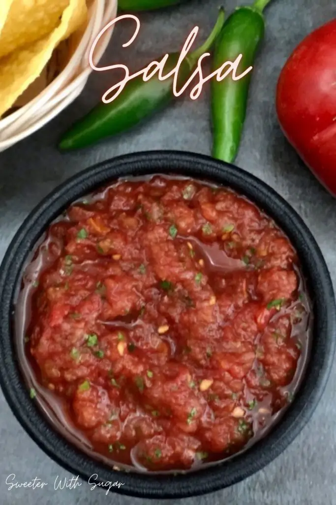 Restaurant Style Salsa is an easy recipe that tastes fantastic. It is full of vegetables-which you just blend in a blender.  #EasyAppetizers #EasySalsaRecipe #HealthySalsa #HealthySnacks #GardenRecipes
