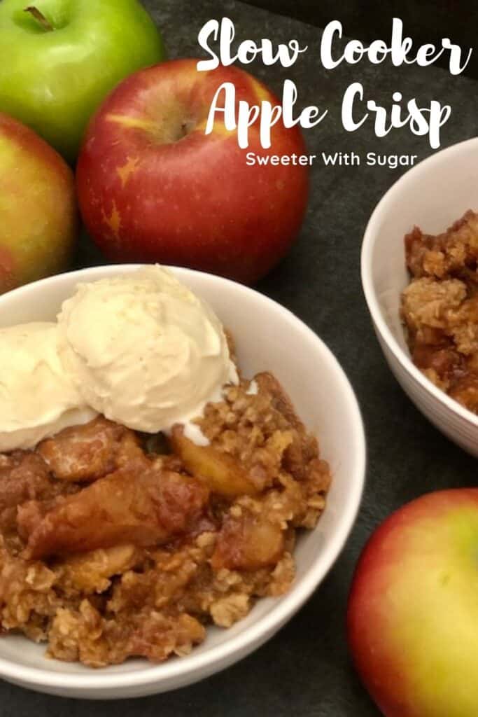 Slow Cooker Apple Crisp is an easy dessert recipe made in a slow cooker. It is a great comfort food recipe for fall. It is full of apples and cinnamon. #AppleCrisp #SlowCookerRecipes #FallDesserts #Apples