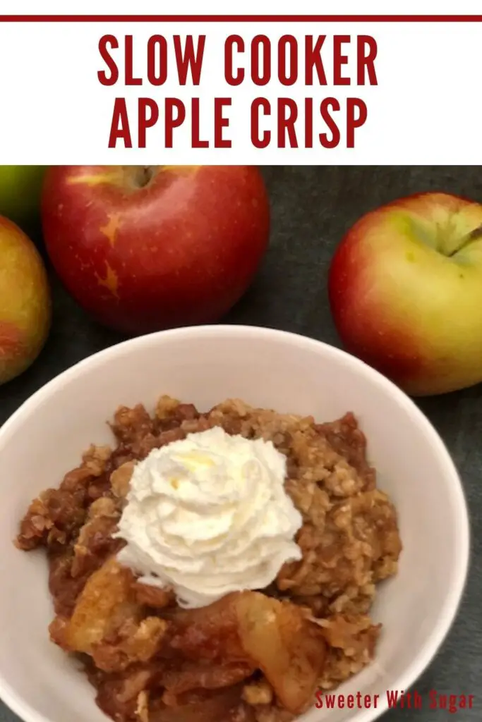 Slow Cooker Apple Crisp is an easy dessert recipe made in a slow cooker. It is a great comfort food recipe for fall. It is full of apples and cinnamon. #AppleCrisp #SlowCookerRecipes #FallDesserts #Apples