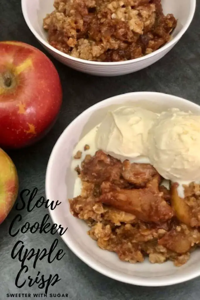 Slow Cooker Apple Crisp is an easy dessert recipe made in a slow cooker. It is a great comfort food recipe for fall. It is full of apples and cinnamon. #AppleCrisp #SlowCookerRecipes #FallDesserts #Apples