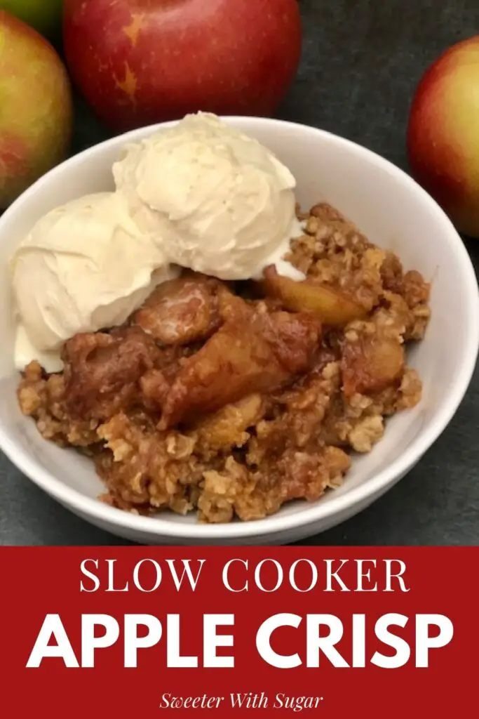Slow Cooker Apple Crisp is an easy dessert recipe made in a slow cooker. It is a great comfort food recipe for fall. It is full of apples and cinnamon. #AppleCrisp #SlowCookerRecipes #FallDesserts #Apples