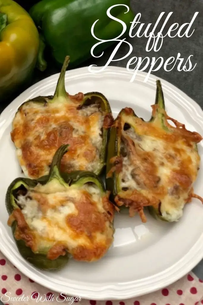 Stuffed Peppers are an easy dinner recipe that uses three vegetables, beef, and seasonings. #Beef #StuffedPeppers #DinnerRecipes #EasyDinnerIdeas