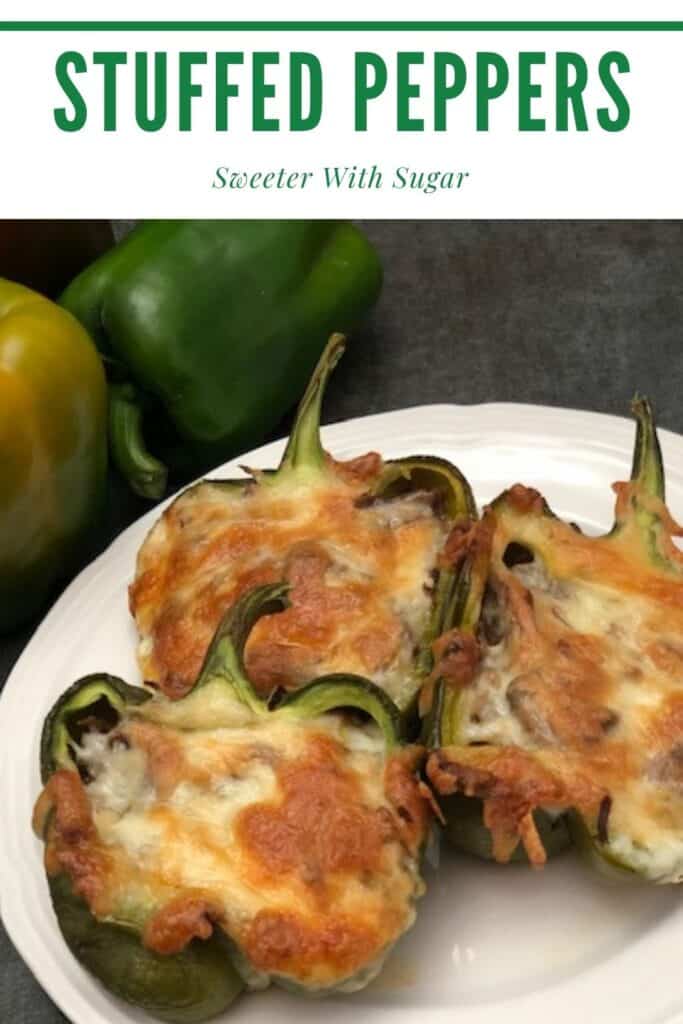 Stuffed Peppers are an easy dinner recipe that uses three vegetables, beef, and seasonings. #Beef #StuffedPeppers #DinnerRecipes #EasyDinnerIdeas