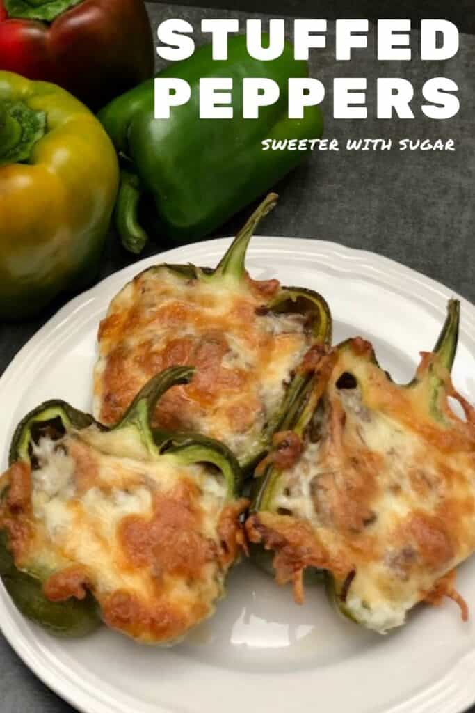 Stuffed Peppers are an easy dinner recipe that uses three vegetables, beef, and seasonings. #Beef #StuffedPeppers #DinnerRecipes #EasyDinnerIdeas