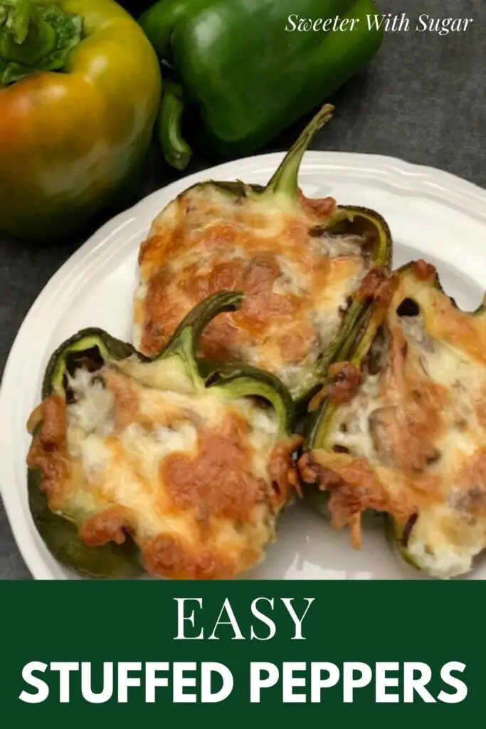Stuffed Peppers are an easy dinner recipe that uses three vegetables, beef, and seasonings. #Beef #StuffedPeppers #DinnerRecipes #EasyDinnerIdeas