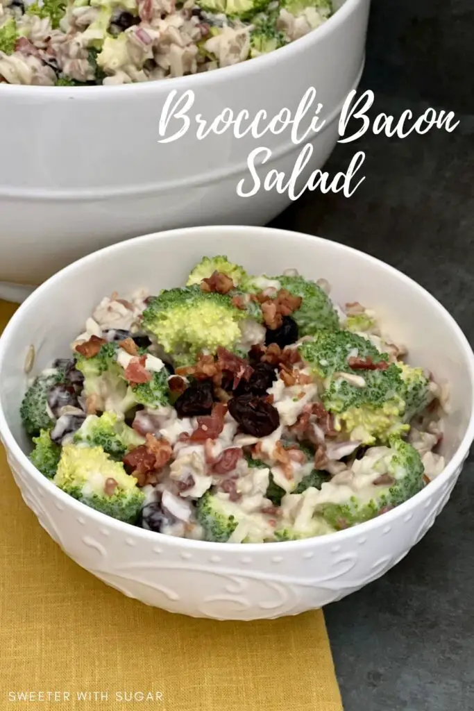 Broccoli Bacon Salad is an easy salad recipe that is perfect as a side or as the main course along side some bread or rolls. #EasyRecipes #EasySalads #Salads #Bacon #Craisins #Broccoli #Cheese 