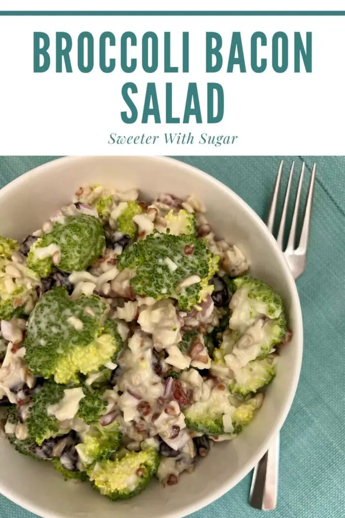 Broccoli Bacon Salad is an easy salad recipe that is perfect as a side or as the main course along side some bread or rolls. #EasyRecipes #EasySalads #Salads #Bacon #Craisins #Broccoli #Cheese 