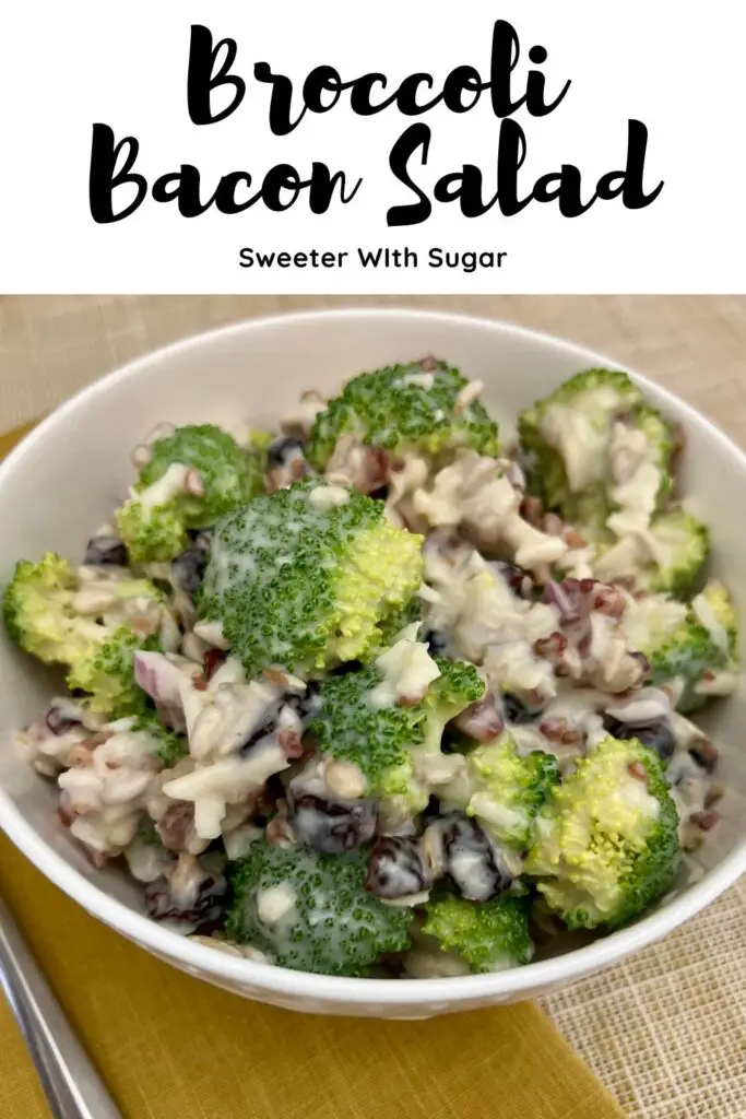 Broccoli Bacon Salad is an easy salad recipe that is perfect as a side or as the main course along side some bread or rolls. #EasyRecipes #EasySalads #Salads #Bacon #Craisins #Broccoli #Cheese 