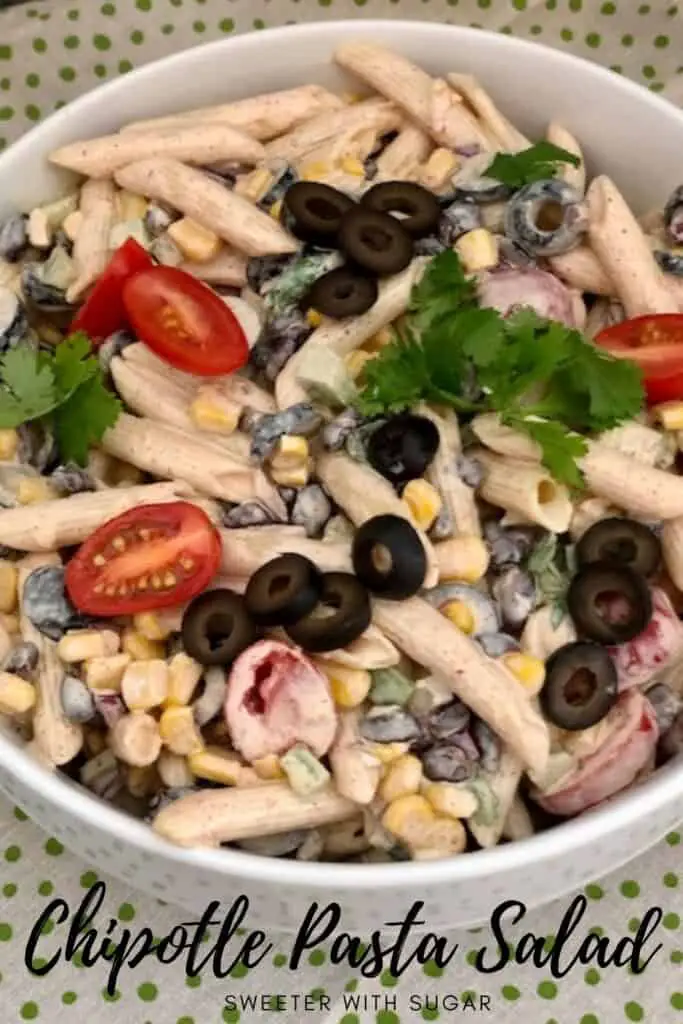 Chipotle Pasta Salad is a delicious pasta salad with a Mexican flavor. It uses a simple dressing recipe that has a bit of spice. #Pasta #Salads #Mexican #PastaSalads #Sides #GrillMates #McCormickSeasonings #ChipotlePepperMarinade