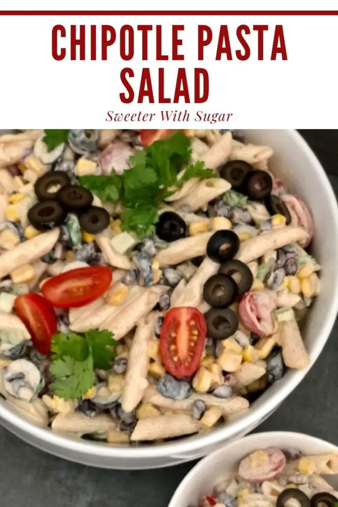 Chipotle Pasta Salad is a delicious pasta salad with a Mexican flavor. It uses a simple dressing recipe that has a bit of spice. #Pasta #Salads #Mexican #PastaSalads #Sides #GrillMates #McCormickSeasonings #ChipotlePepperMarinade