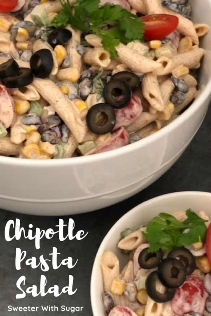 Chipotle Pasta Salad is a delicious pasta salad with a Mexican flavor. It uses a simple dressing recipe that has a bit of spice. #Pasta #Salads #Mexican #PastaSalads #Sides #GrillMates #McCormickSeasonings #ChipotlePepperMarinade