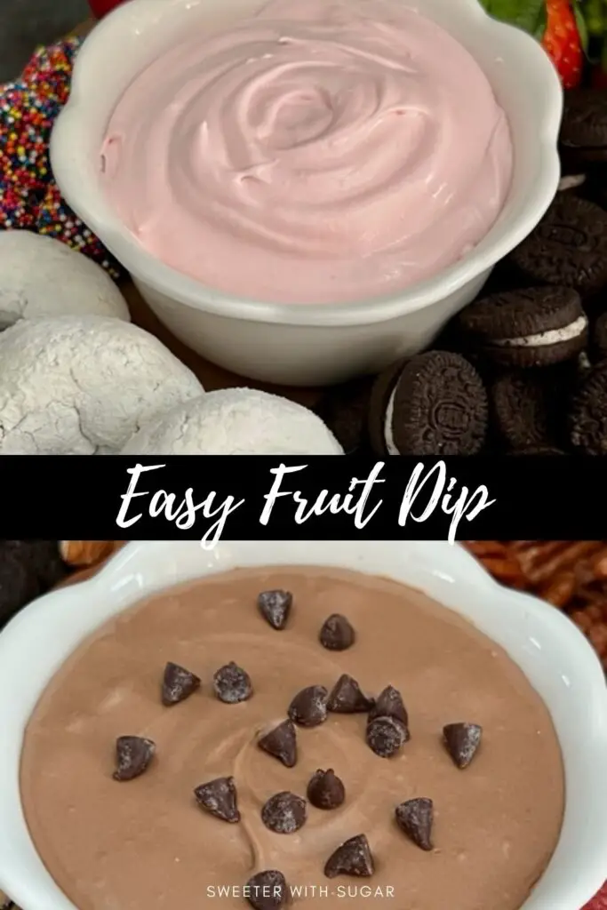 Easy Fruit Dip is a simple fruit and dessert dip that tastes great on fruit and cookies. #Dessert #Dips #FruitDip #DessertDip #ChocolateDip #RaspberryDip #MarshmallowCreme