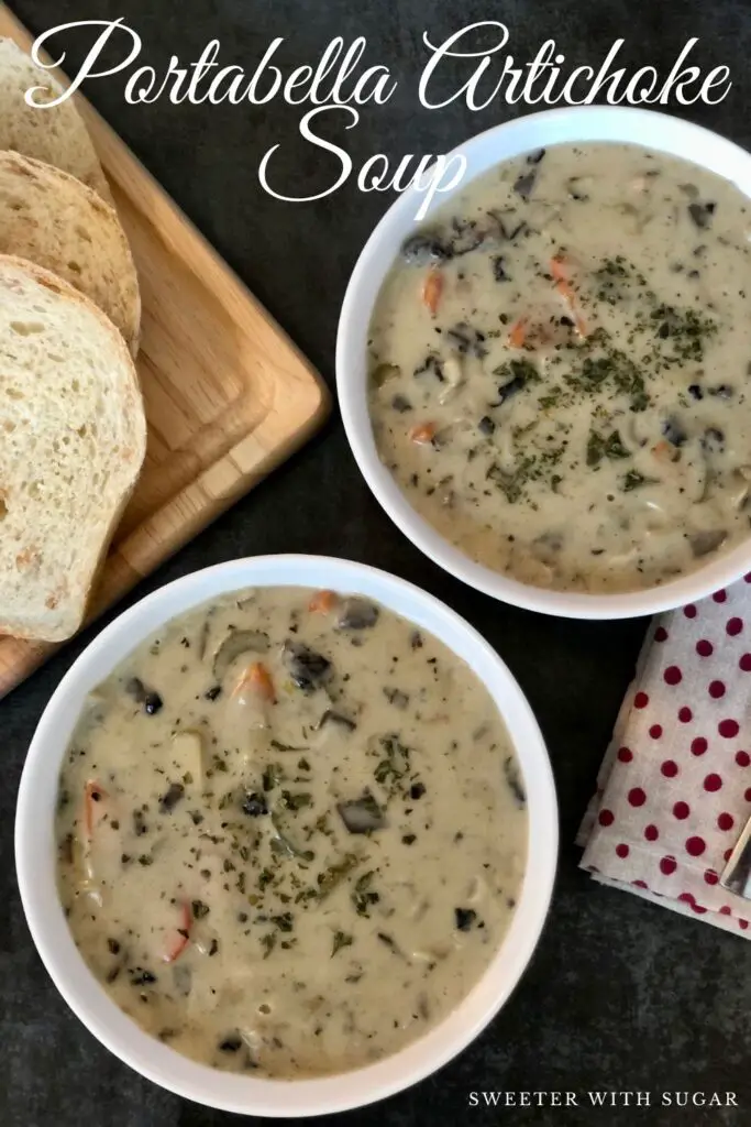 Portabella Artichoke Soup is a delicious comfort food soup recipe. It is full of vegetables and tastes great. #Soup #Mushroom #Portobello #ArtichokeHearts #ComfortFood #EasySoupRecipes