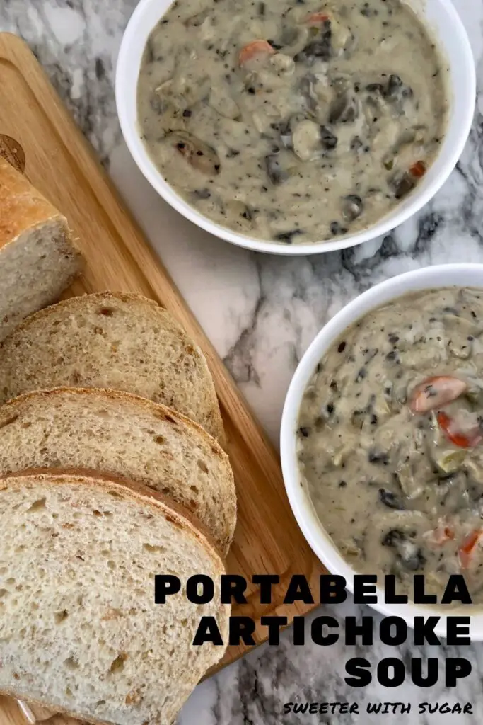 Portabella Artichoke Soup is a delicious comfort food soup recipe. It is full of vegetables and tastes great. #Soup #Mushroom #Portobello #ArtichokeHearts #ComfortFood #EasySoupRecipes