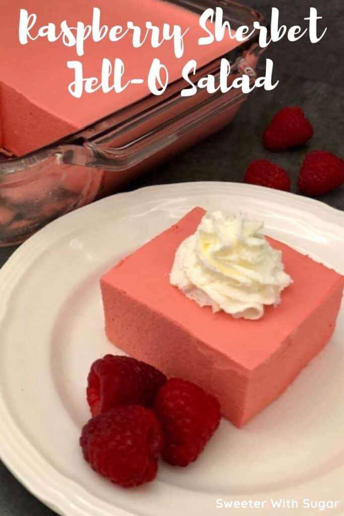 Raspberry Sherbet Jell-O Salad is a refreshing and delicious Jell-O salad that is beautiful for the holidays or any day! #Raspberries #JellO #JellOSaladRecipe #Sherbet #Sides #KidFriendlyRecipes 