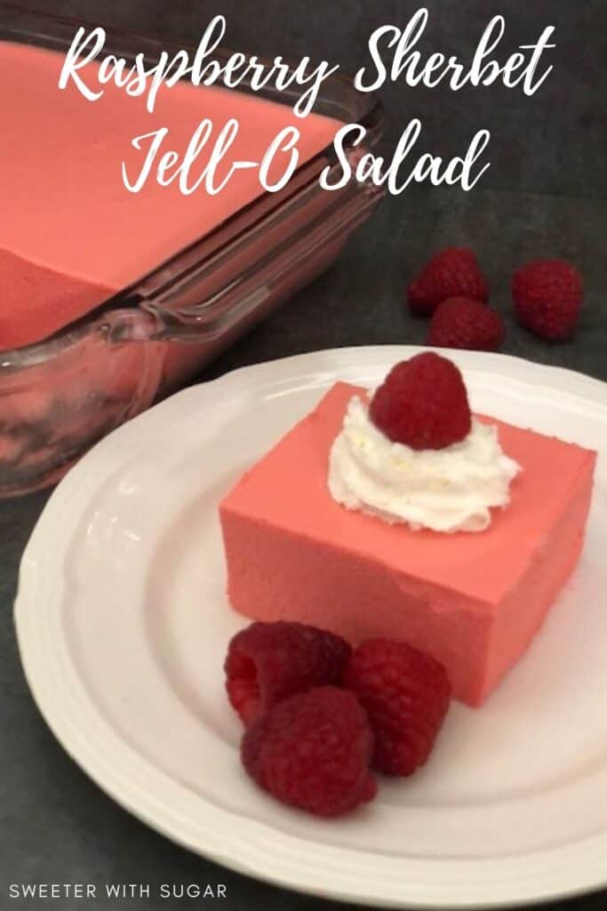 Raspberry Sherbet Jell-O Salad is a refreshing and delicious Jell-O salad that is beautiful for the holidays or any day! #Raspberries #JellO #JellOSaladRecipe #Sherbet #Sides #KidFriendlyRecipes 