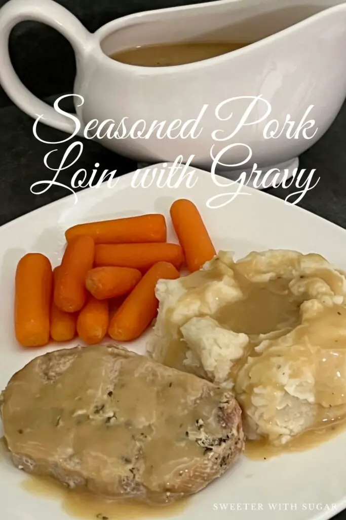 Seasoned Pork Loin with Gravy is an easy dinner recipe made in a slow cooker. #PorkLoin #SlowCooker #Gravy #ComfortFood #DinnerRecipes