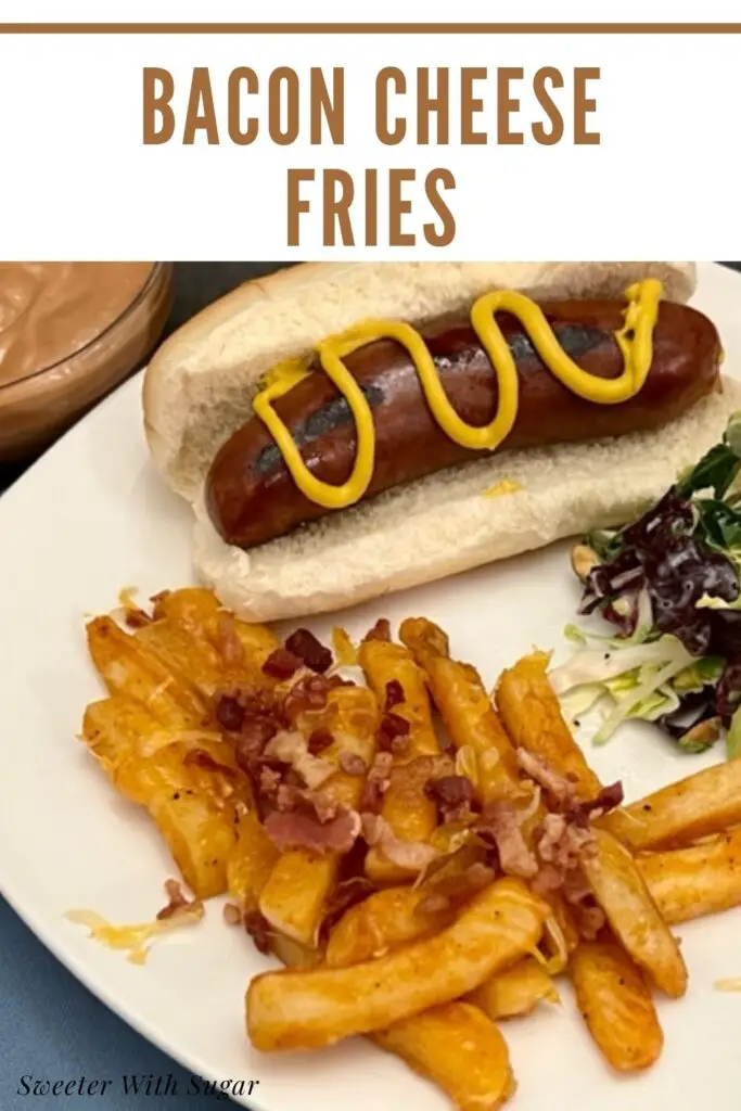 Bacon Cheese Fries are a quick and delicious side dish recipe that uses frozen fries and is ready in under 30 minutes. #Fries #Bacon #Sides #CheesyFries #Simple #FamilyRecipes #LoadedFries #Cheddar #ColbyJackCheese