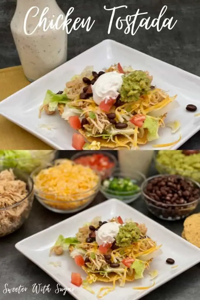 Chicken Tostada is a delicious dinner recipe with tender chicken, crisp lettuce, crunchy tostadas, guacamole, sour cream, lettuce, tomatoes, black beans, cheese and a creamy dressing. #ChickenDinner #SlowCooker #Guacamole #CilantroLimeDressing #TacoSalad #Chicken #Cheese 