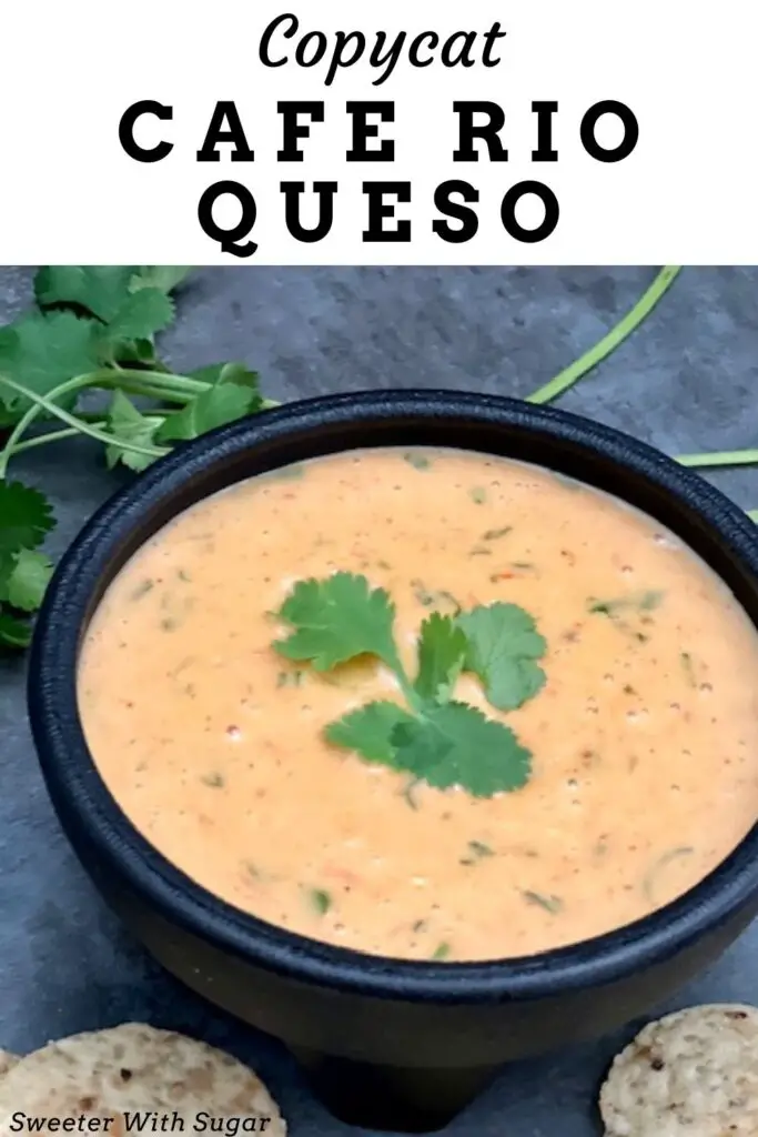 Copycat Cafe Rio Queso is a super quick and simple cheese dip recipe. This cheese dip goes great with tortilla chips, over burritos and on tacos. #CheeseDip #Queso #CafeRio #Velveeta #Rotel #CopycatRecipes #FamilyRecipes