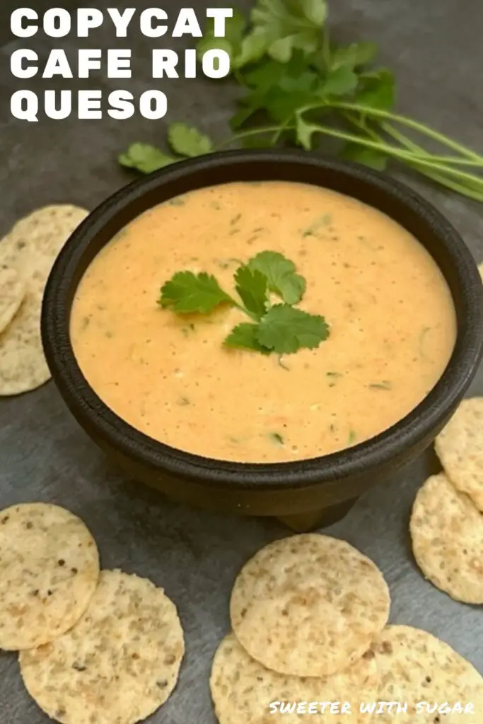 Copycat Cafe Rio Queso is a super quick and simple cheese dip recipe. This cheese dip goes great with tortilla chips, over burritos and on tacos. #CheeseDip #Queso #CafeRio #Velveeta #Rotel #CopycatRecipes #FamilyRecipes