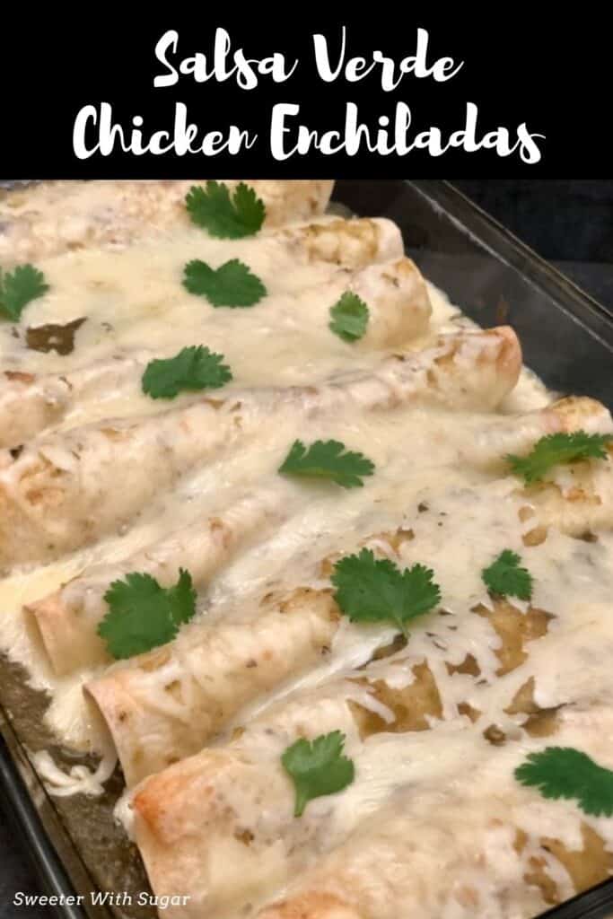 Salsa Verde Chicken Enchiladas are an easy dinner recipe filled with tender chicken and spices. Then, covered in Herdez Salsa Verde sauce and cheese. #Enchiladas #Chicken #EnchiladaCasserole #EnchiladasChicken #DinnerIdeasEasy #ChickenBreastRecipes