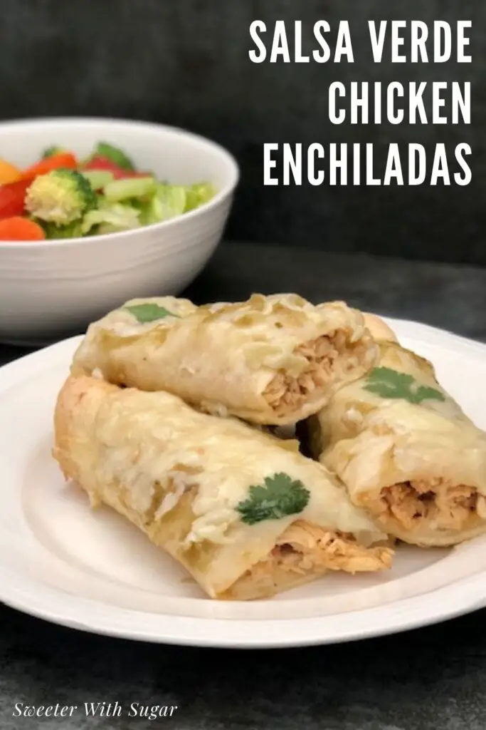 Salsa Verde Chicken Enchiladas are an easy dinner recipe filled with tender chicken and spices. Then, covered in Herdez Salsa Verde sauce and cheese. #Enchiladas #Chicken #EnchiladaCasserole #EnchiladasChicken #DinnerIdeasEasy #ChickenBreastRecipes