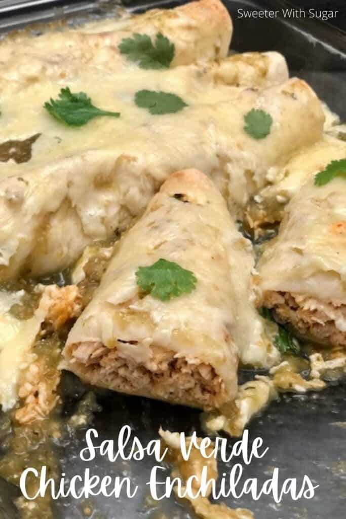 Salsa Verde Chicken Enchiladas are an easy dinner recipe filled with tender chicken and spices. Then, covered in Herdez Salsa Verde sauce and cheese. #Enchiladas #Chicken #EnchiladaCasserole #EnchiladasChicken #DinnerIdeasEasy #ChickenBreastRecipes